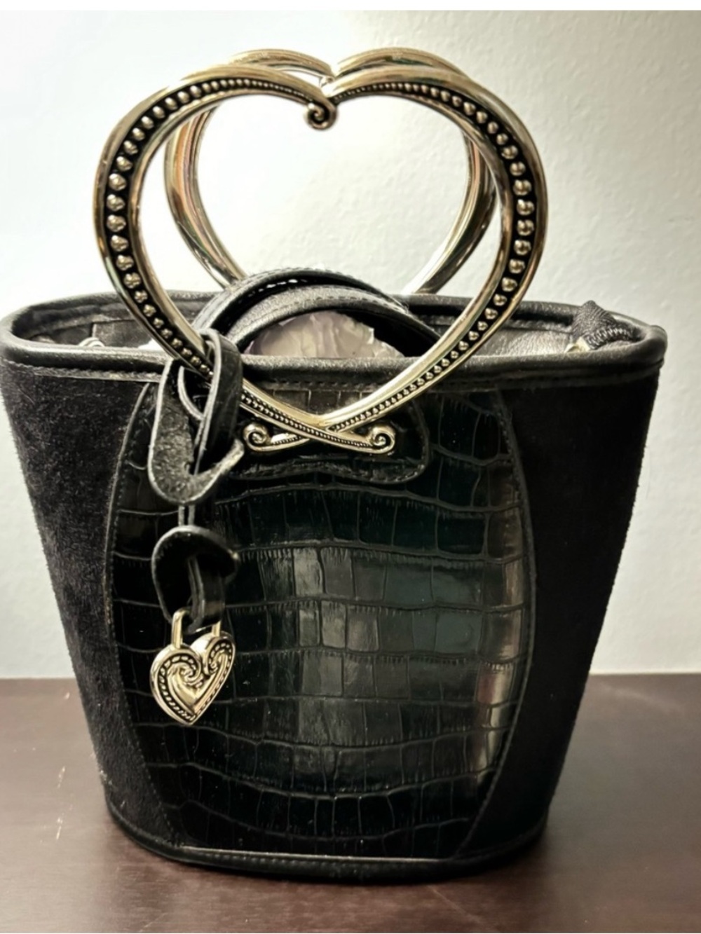 Corazon Black Pebble Grain/Croc Embossed Bag W/Silver Heart Handles